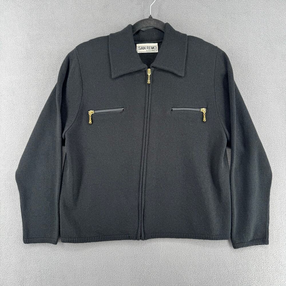 Vintage San Remo by Laura Knits‎ Full Zip Sweater Womens M Black Old Money Basic